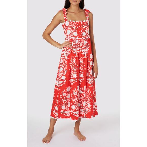 Juliet Dunn Tuckernuck Tie Shoulder Palladio Print Midi Dress Red White NWOT - Picture 2 of 12